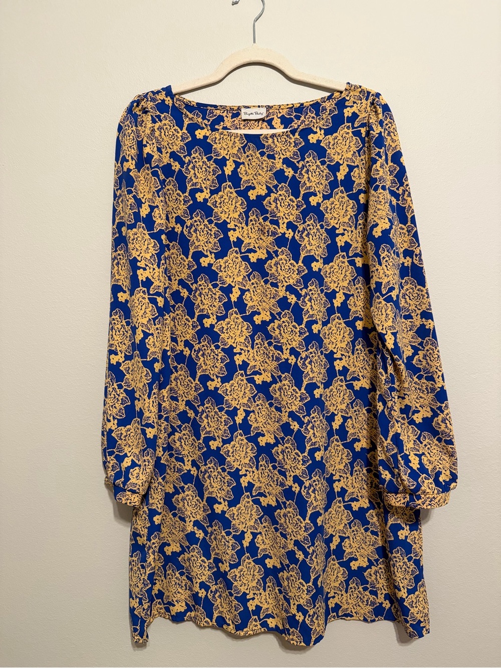 Blue and Gold Floral Long Sleeve Shift Dress